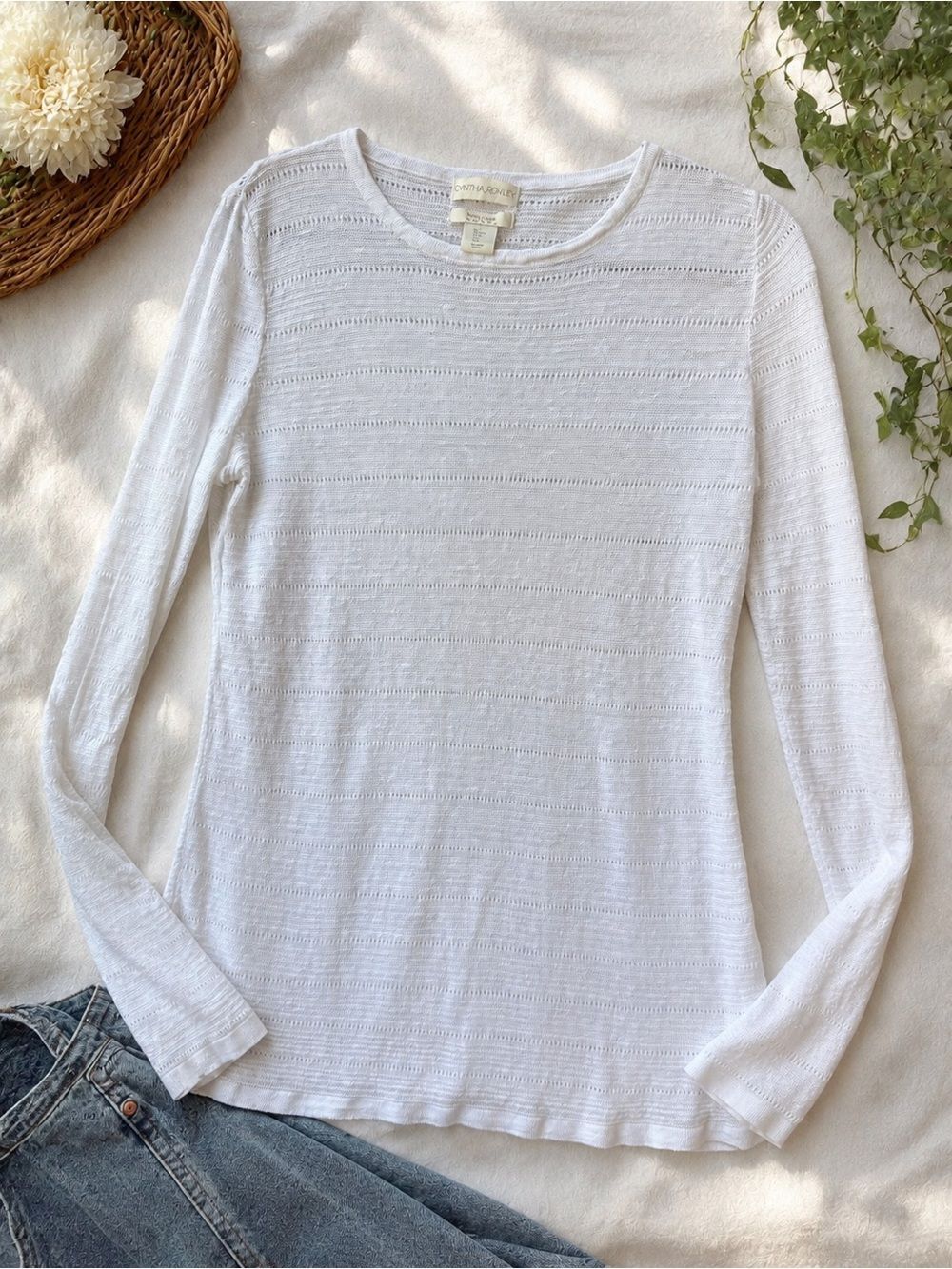 Cynthia Rowley Linen Knit Top White Coastal Grandma Boho Minimalist Long Sleeve